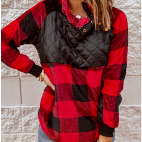 Tops - Buffalo Plaid Paneled Sweatshirt